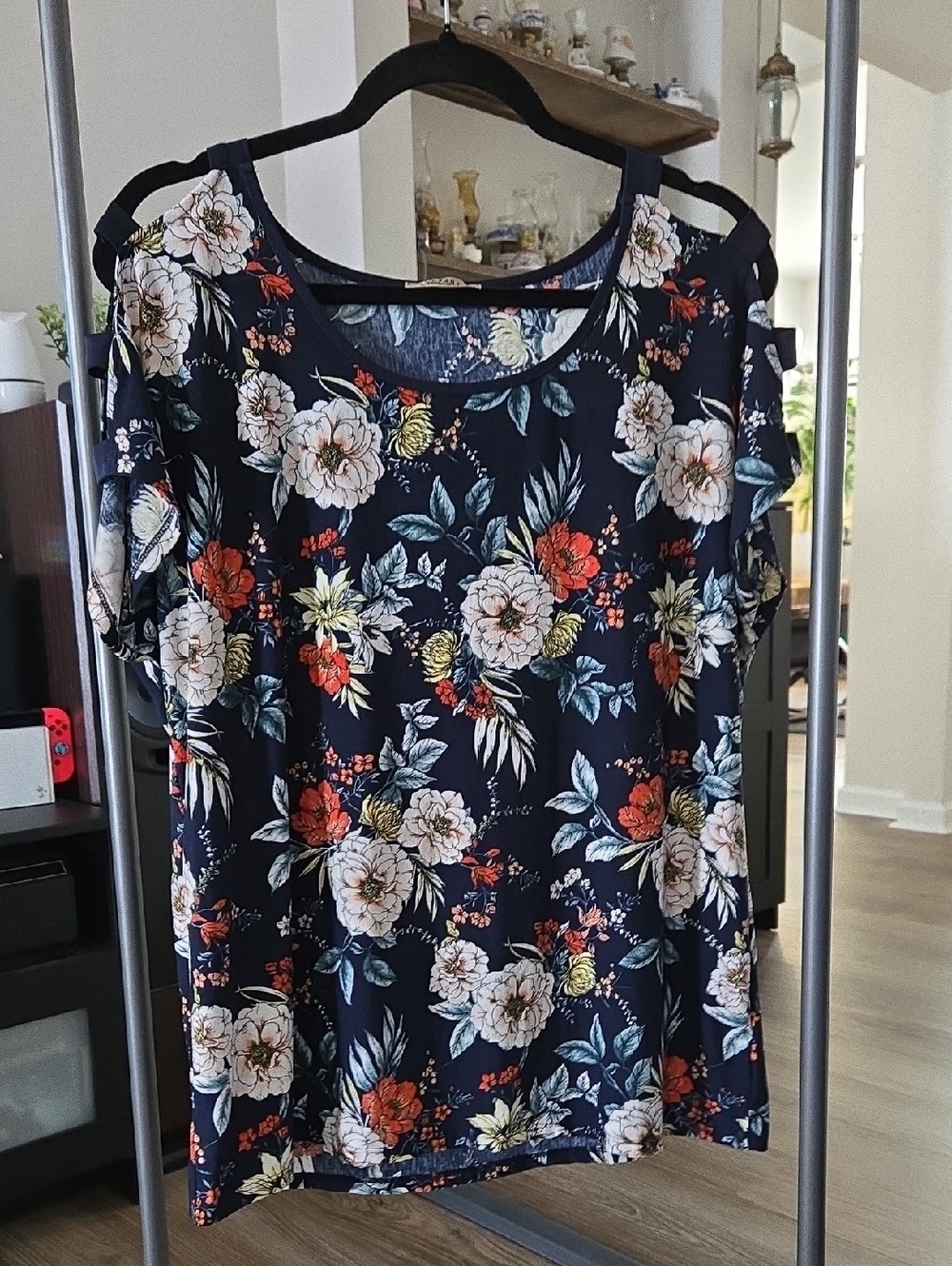 Lavish Navy Floral Cold-Shoulder Blouse